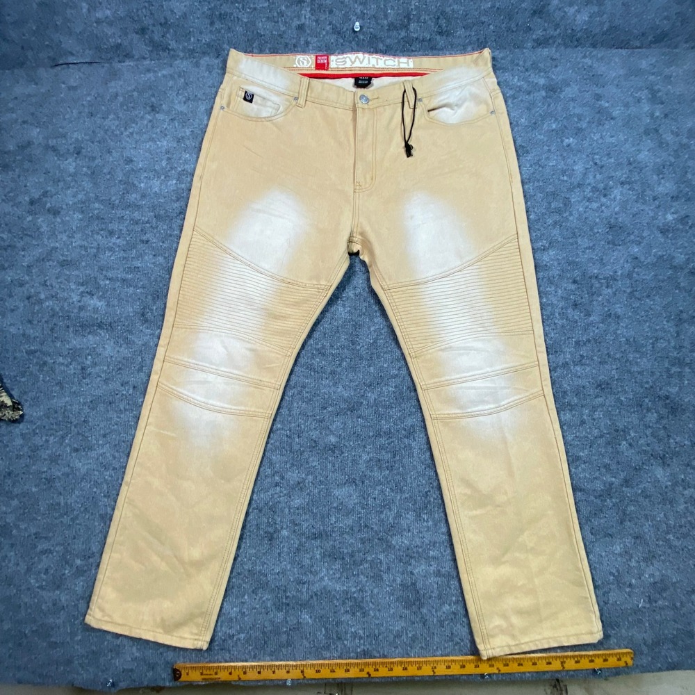 Switch Premium Denim Mens 42x32 Moto Biker Jeans Tan Sand Ribbed Straight Leg